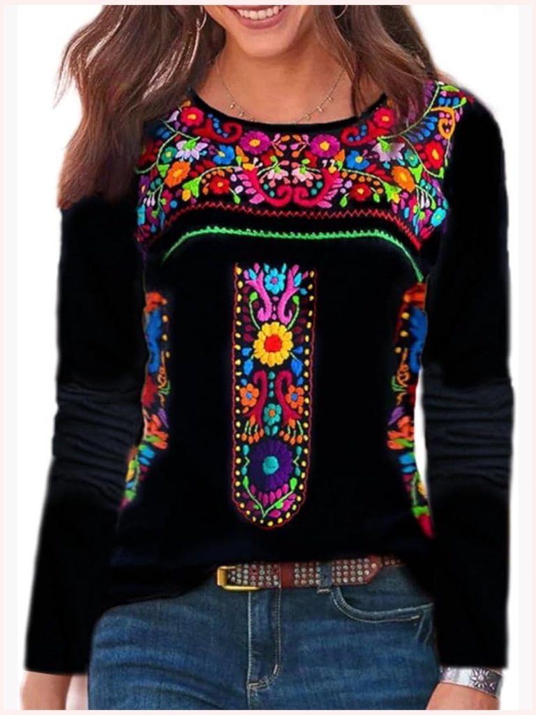 Long Sleeve Floral Embroidered Peasant Blouse Boho Tunic Top
